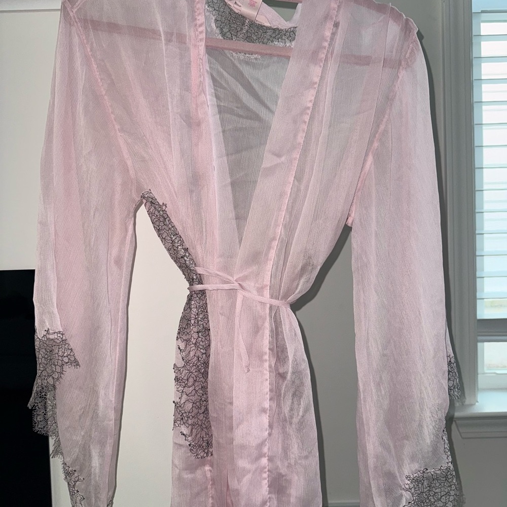 Victoria's Secret Sheer Pink Robe with Black Lace